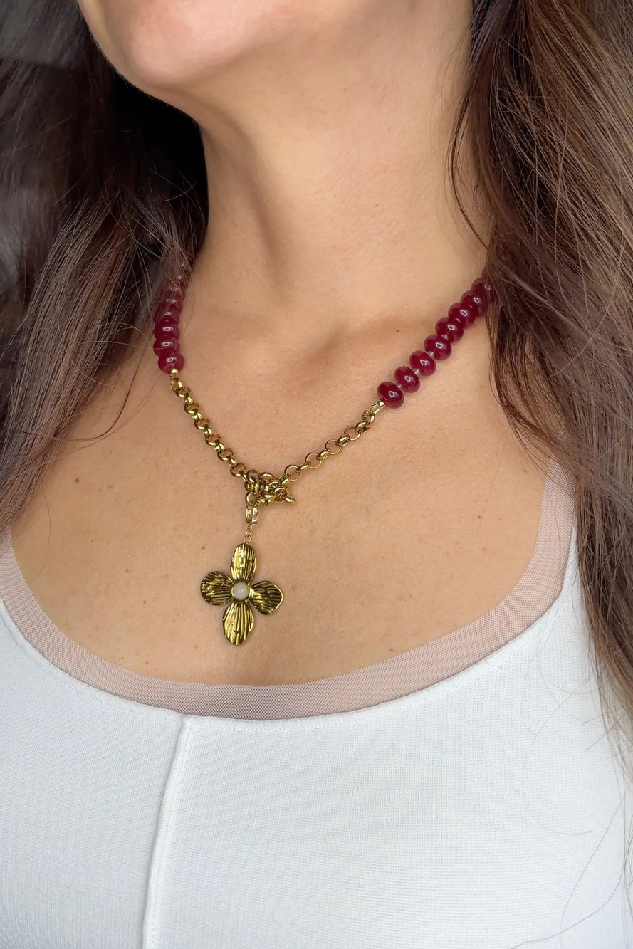 Carmina – Red Jade Necklace with Removable Flower Pendant 22in